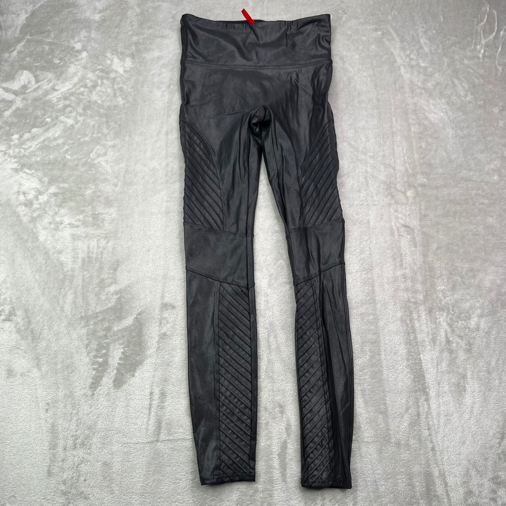 Spanx Faux Leather Moto Leggings Womens Small Petite Black High Rise Shaping